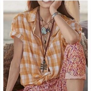 Sundance NWOT Lorna Cotton Gauze Short Sleeve Button Down Boho Coastal Medium